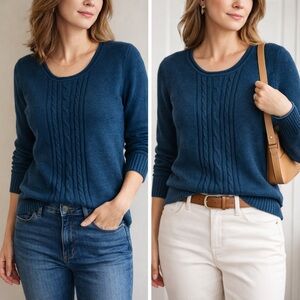 Laura Scott lightweight blue cable knit sweater